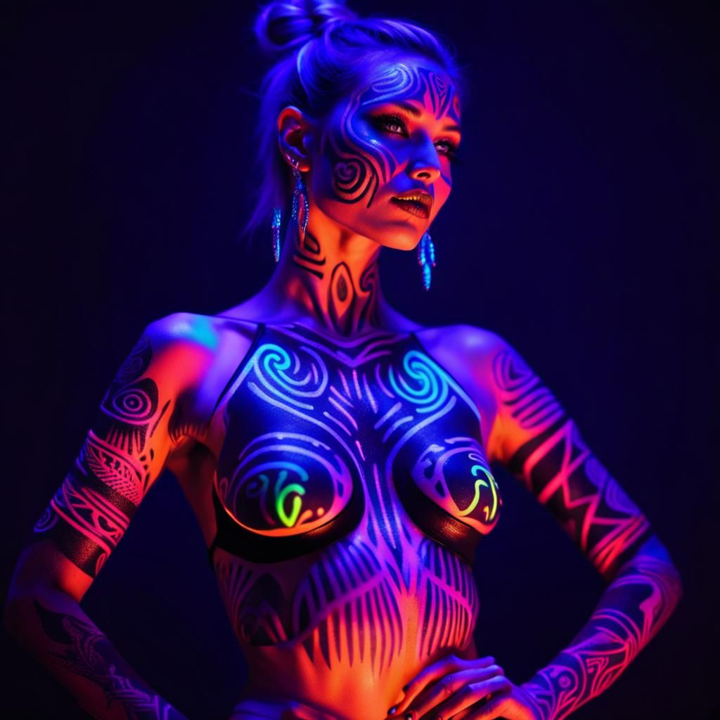 Female Model at Black Light Rave in Synthwave Style