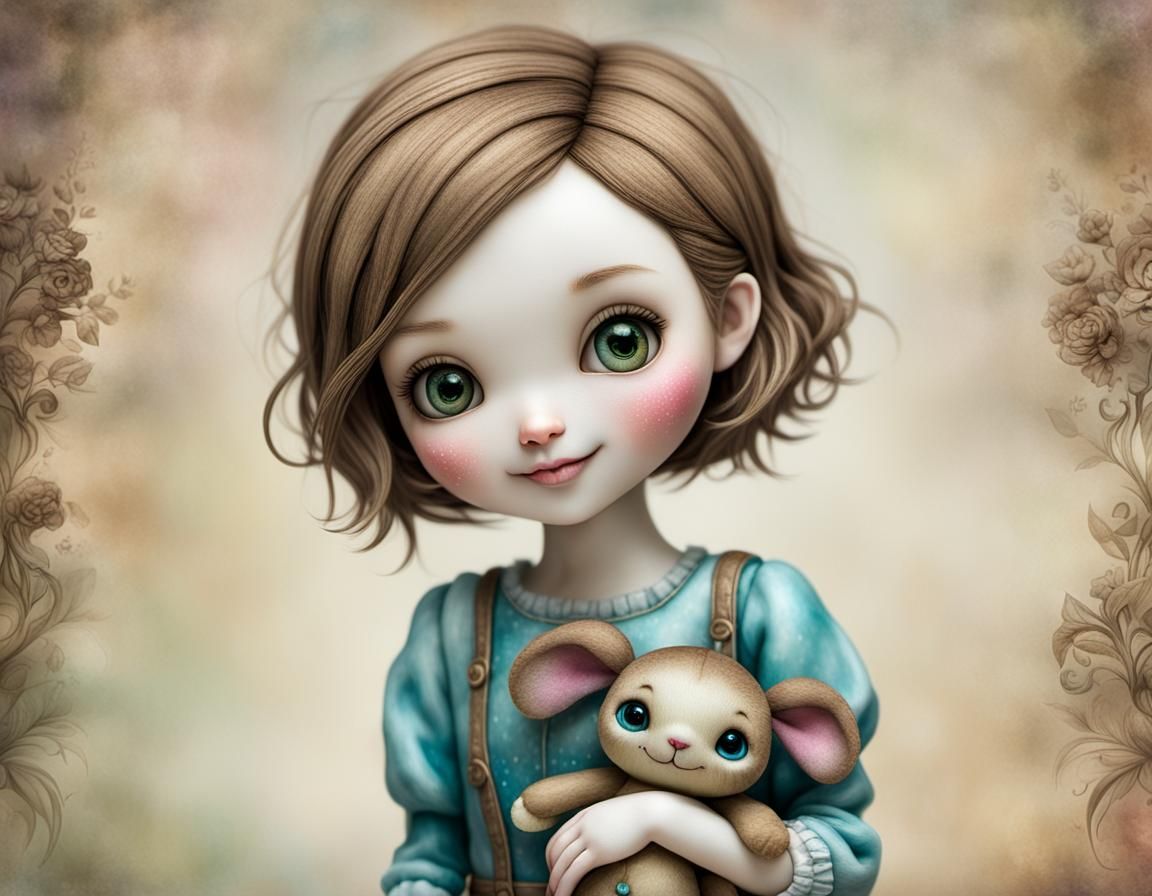 Happy Girl with Stitch Plush Toy, Alcohol Ink Style