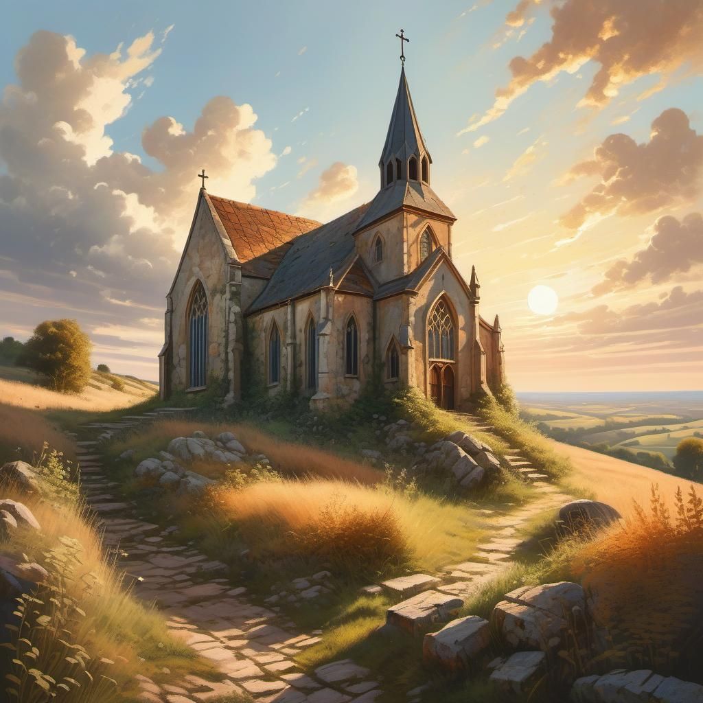 Gothic Chapel Landscape Painting in Golden Hour
