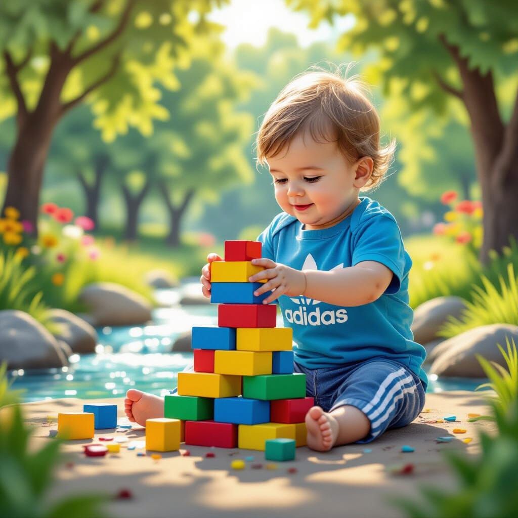 Baby Builds Block Tower in Park with Stream