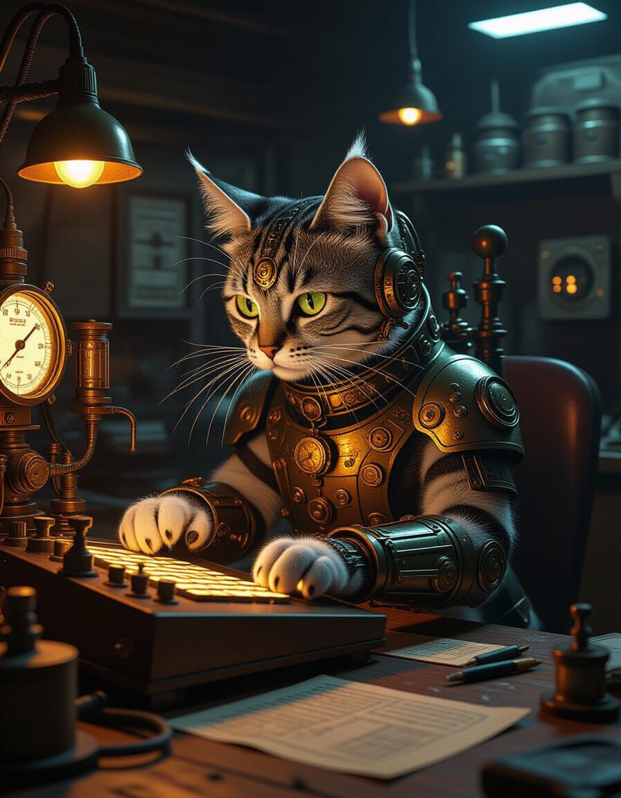 Steampunk Cat Hacker at Glowing Console