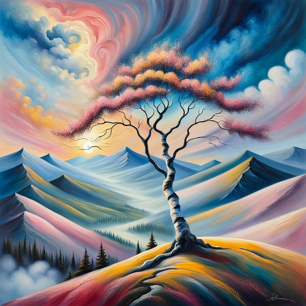 Birch Tree Mountain: Surreal Oil Painting in Chagall Style