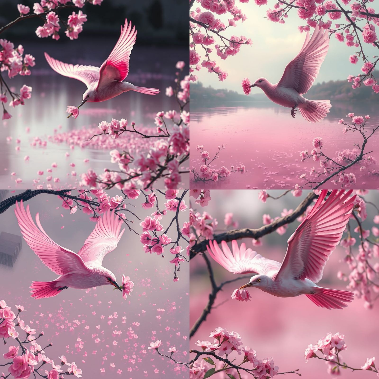Pink Bird Flying Over Cherry Blossom Lake