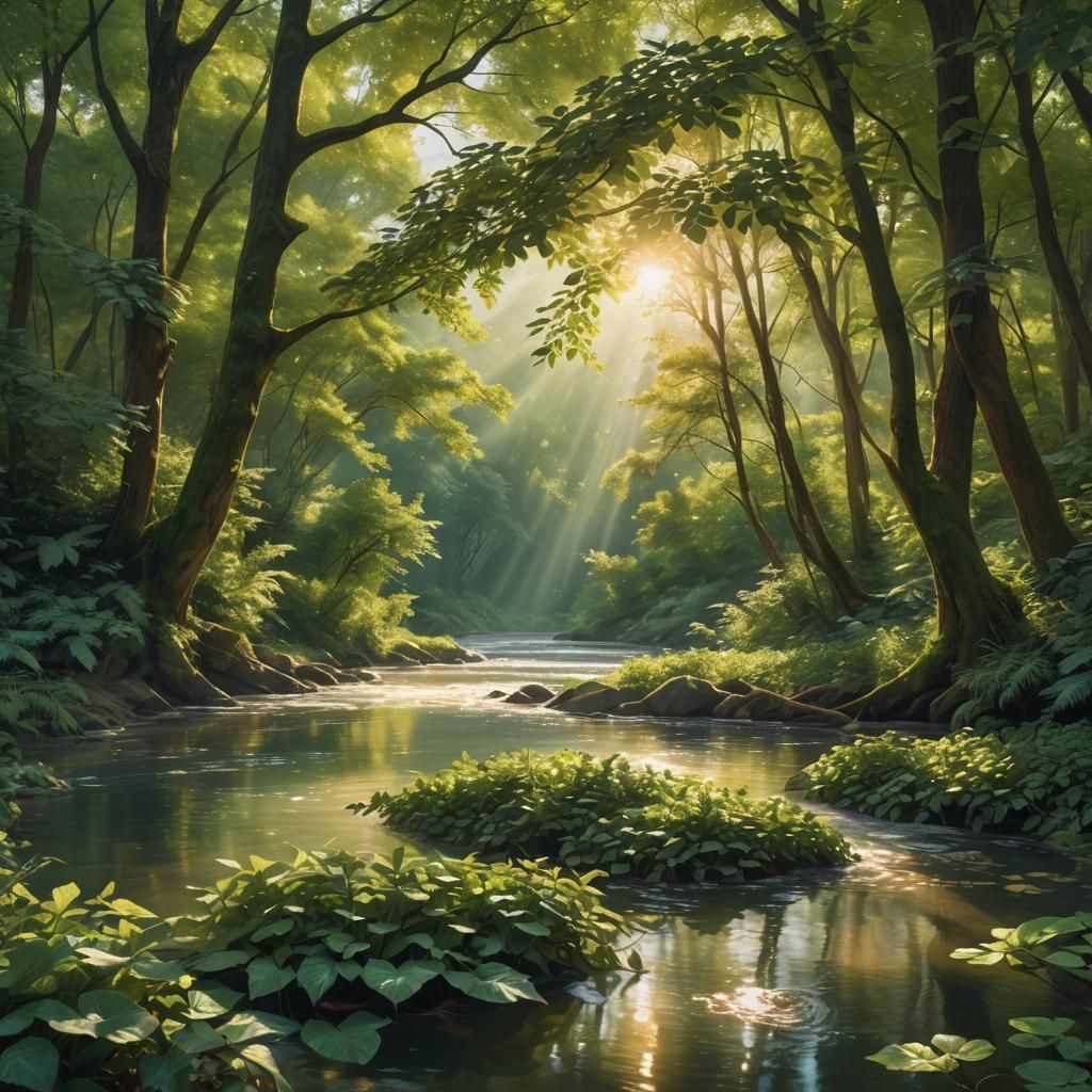 Lush Foliage Riverbank in Ethereal Matte Painting