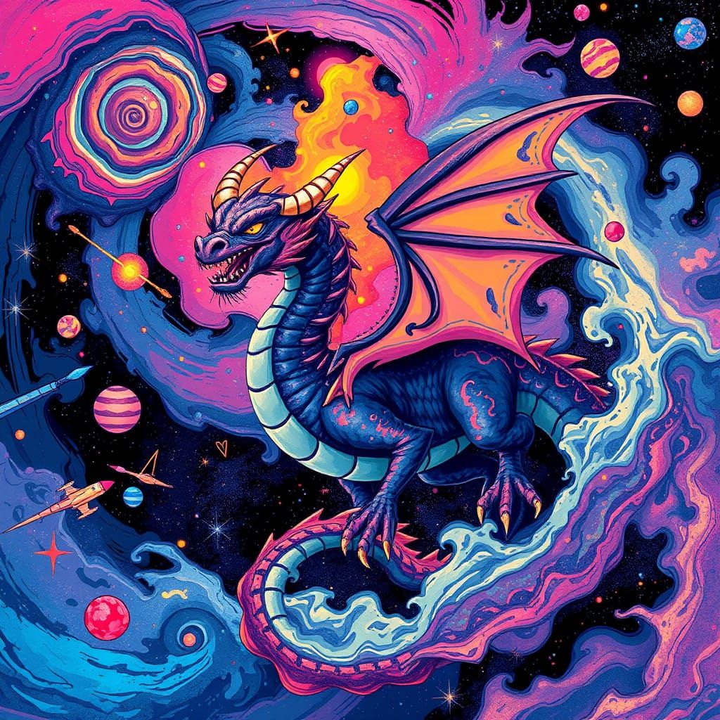 Psychedelic Cosmic Dragon in 32-bit Pixel Art Style