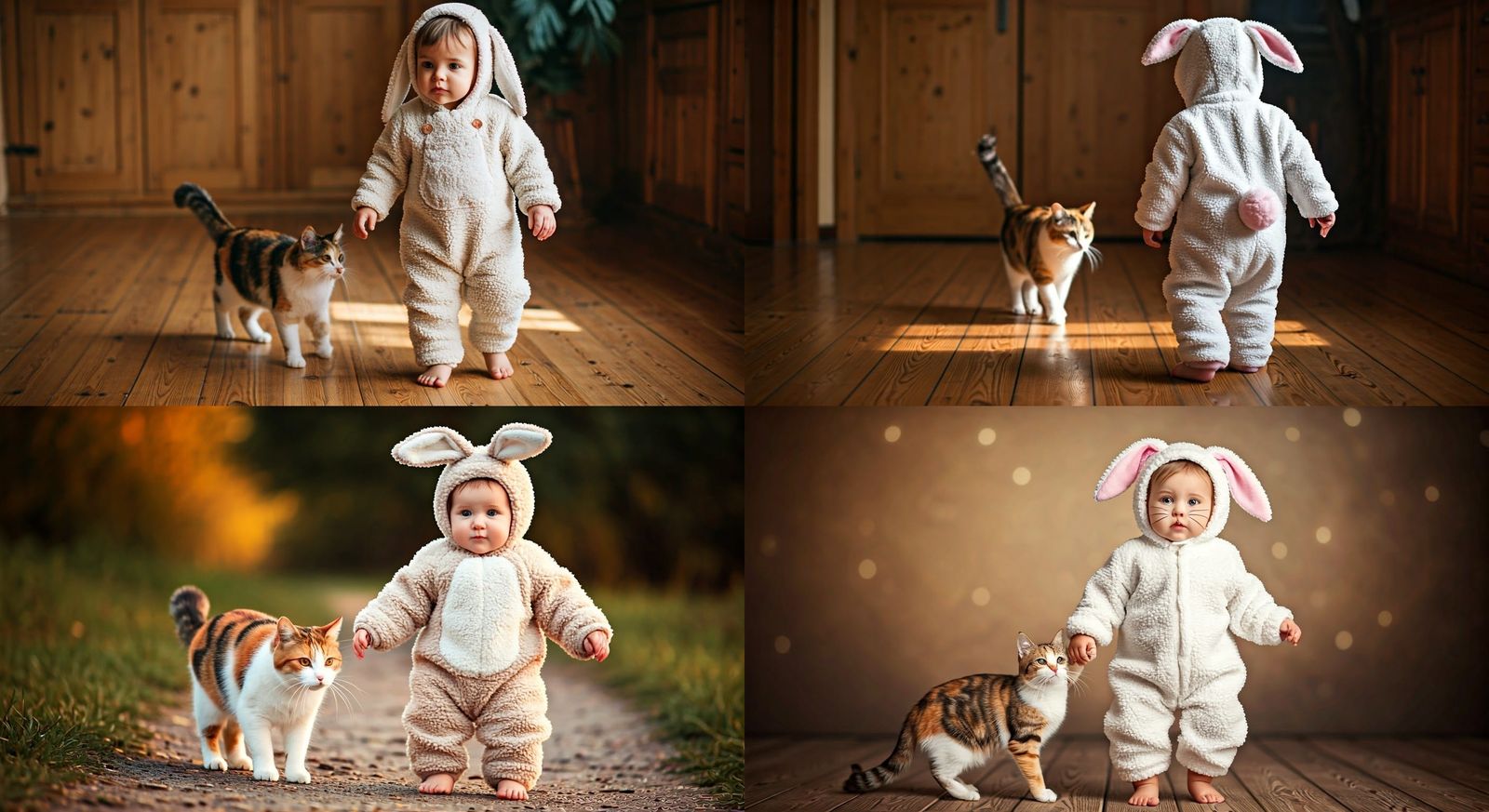 Hyperrealistic Baby Rabbit and Calico Cat Photo