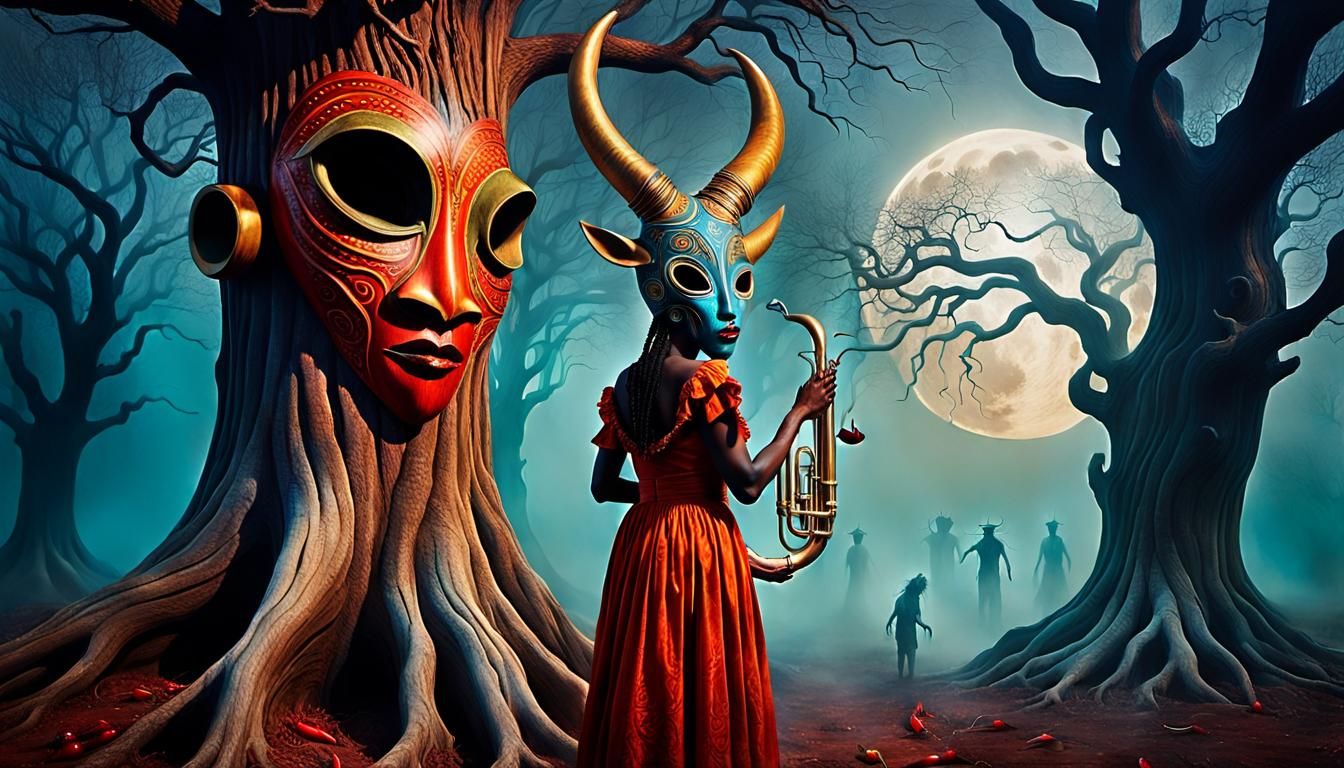 Antelope Woman and Tuba Zombie in Surreal Dreamscape