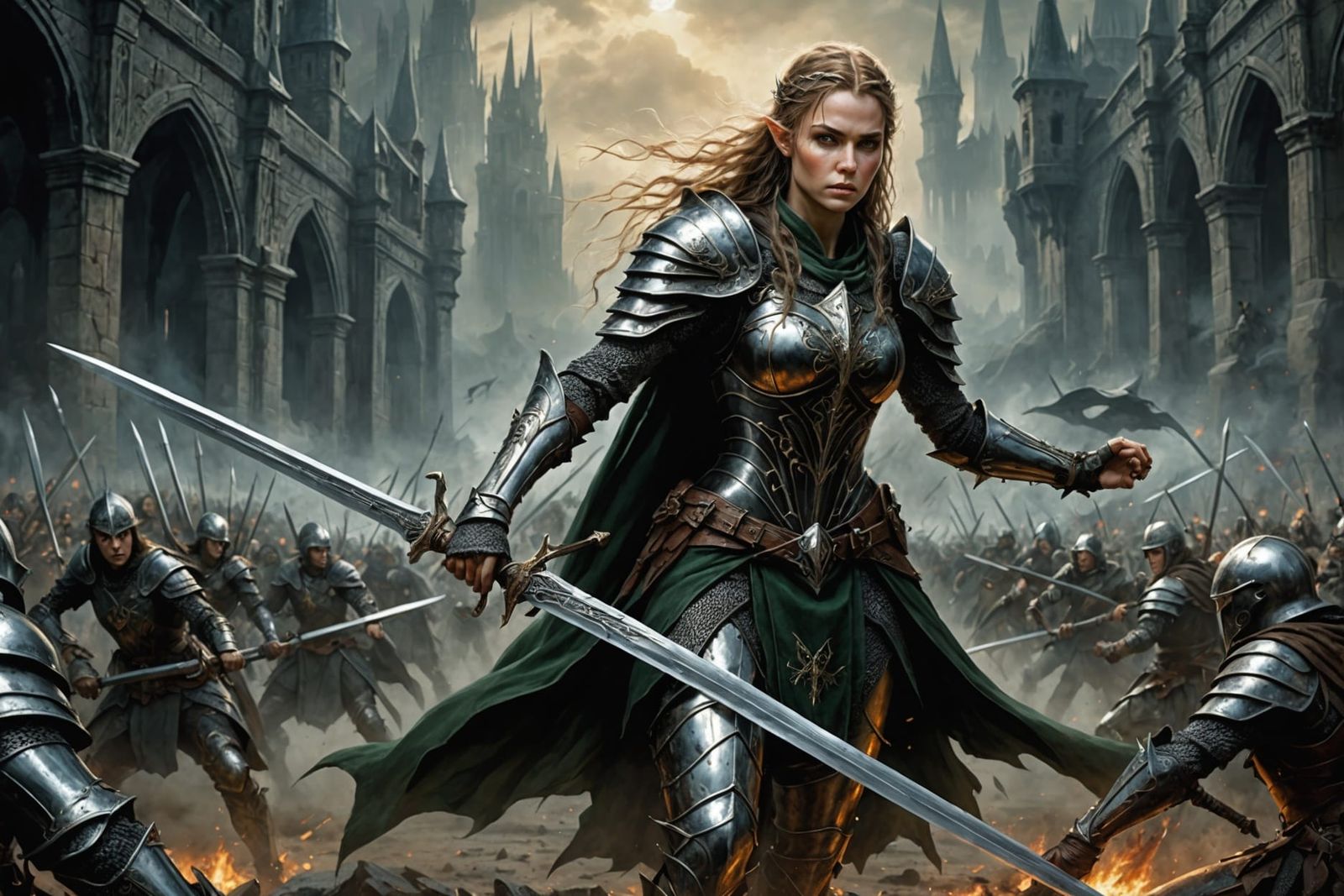 Elven Knight in Explosive Battle Scene as Oil Painting