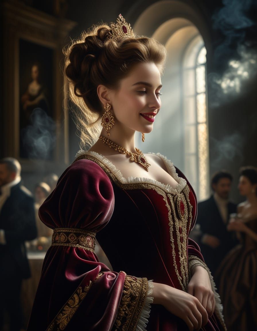 Baroque Masterpiece: Elegant Woman Dancing in Misty Palace G...