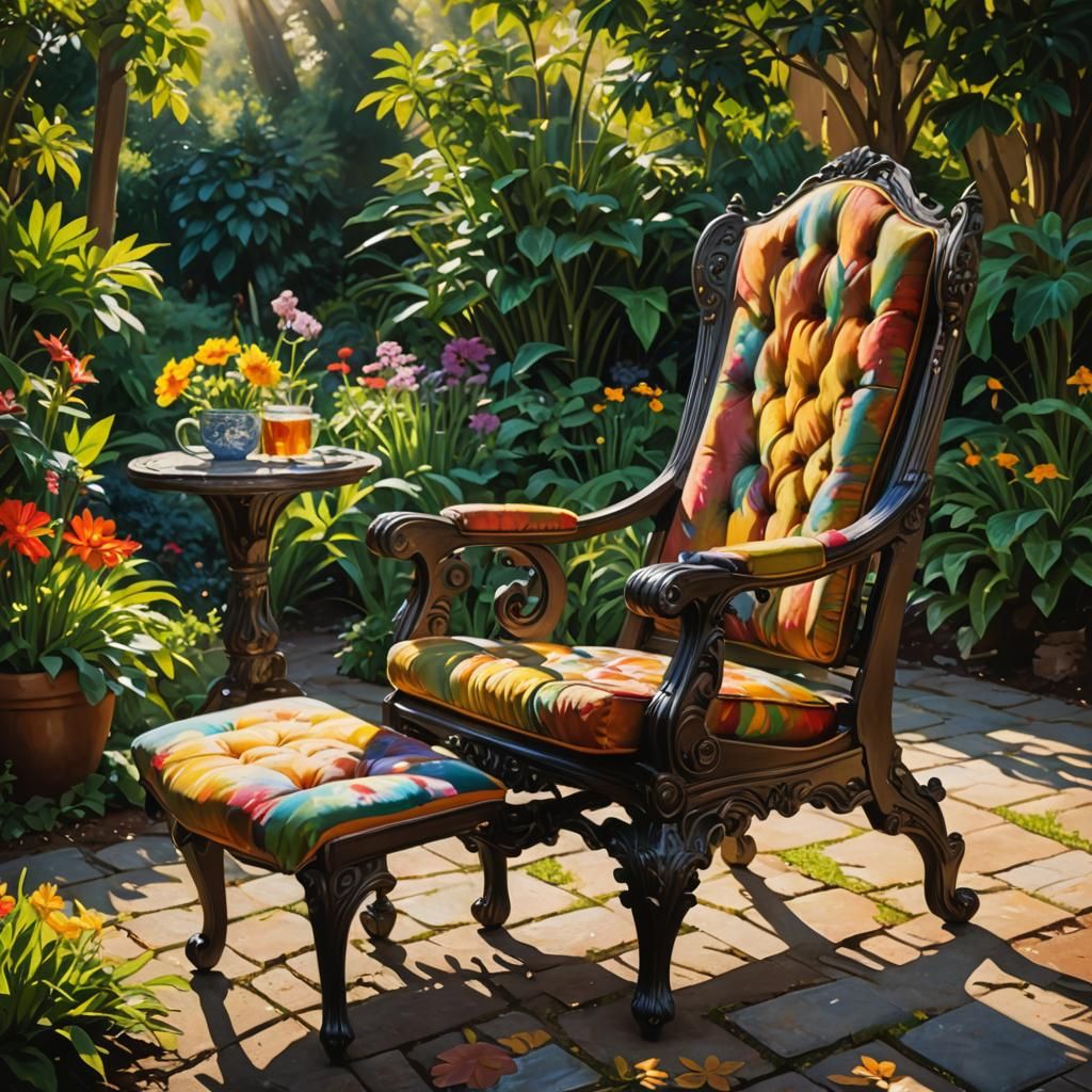 Hyperrealistic Chair in Sunlit Garden Oil Painting