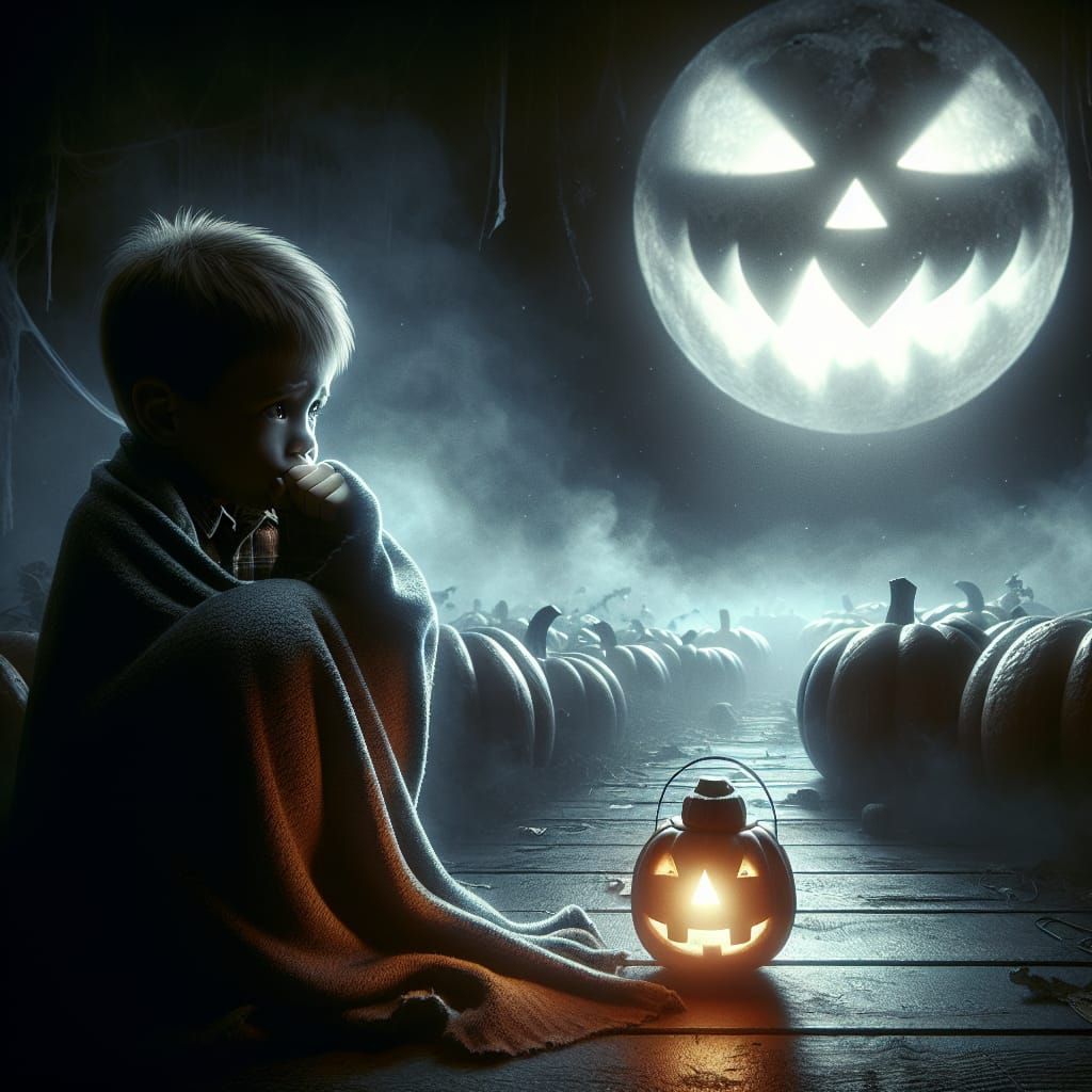 Eerie Moonlight: Boy Under Ghostly Pumpkin Moon