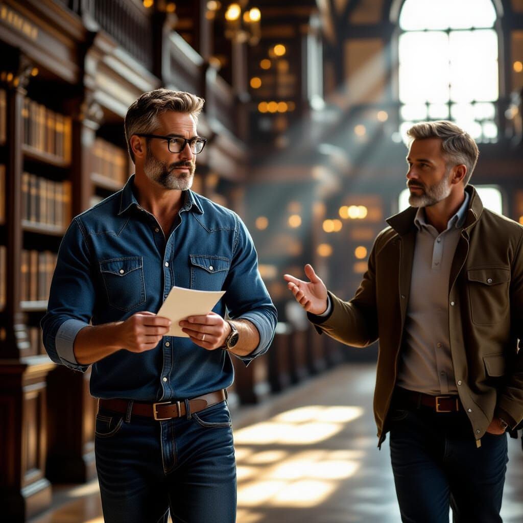 Attractive Man in Denim Shirt in Old Library
