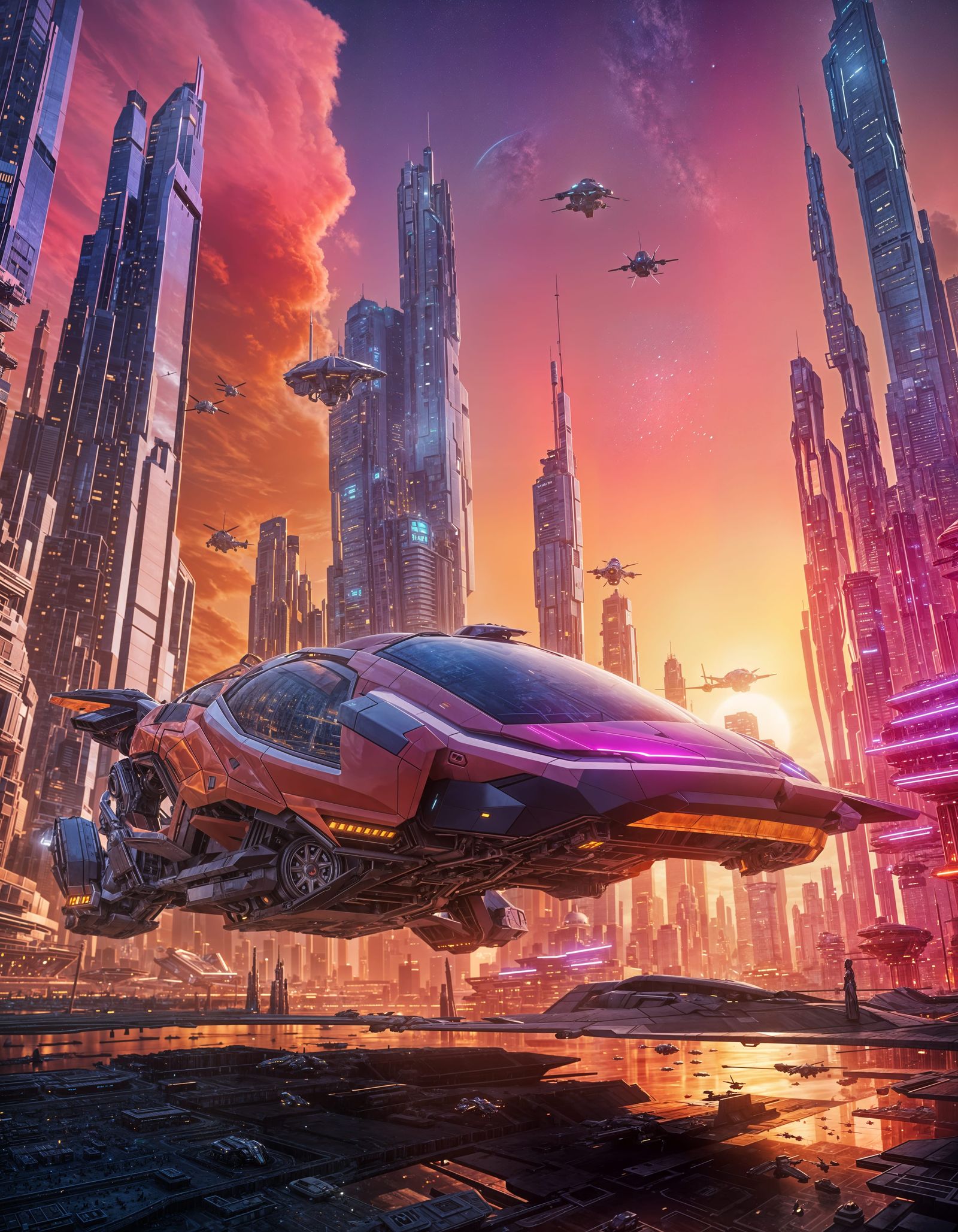 Futuristic Cityscape Sunset with Flying Cars: 3D Render