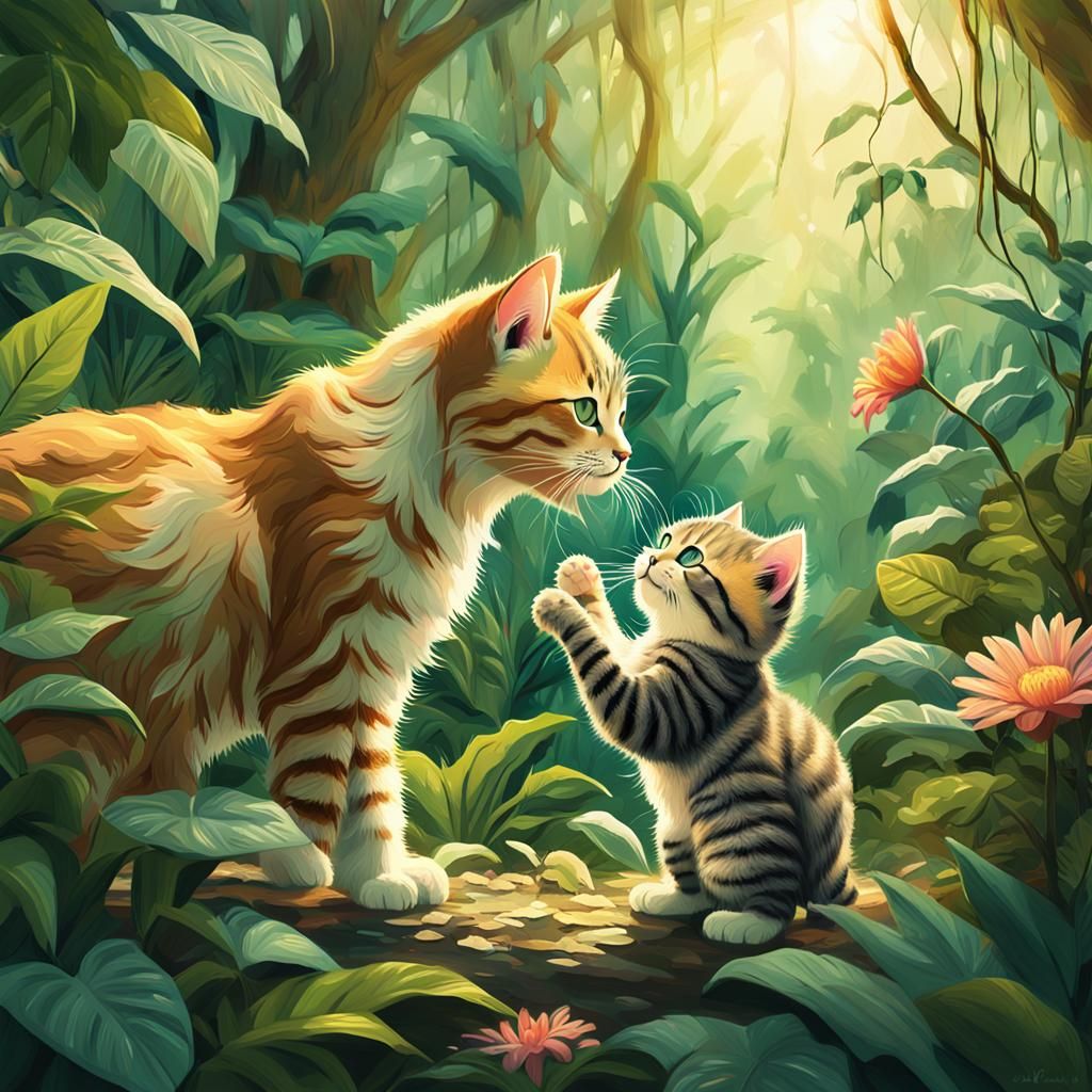 Ape and Kitten in Jungle, Digital Art