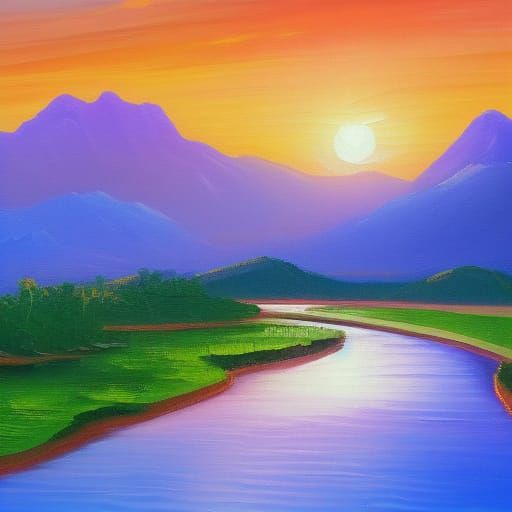 Mountains at Sunrise: Rice Field Oil Painting