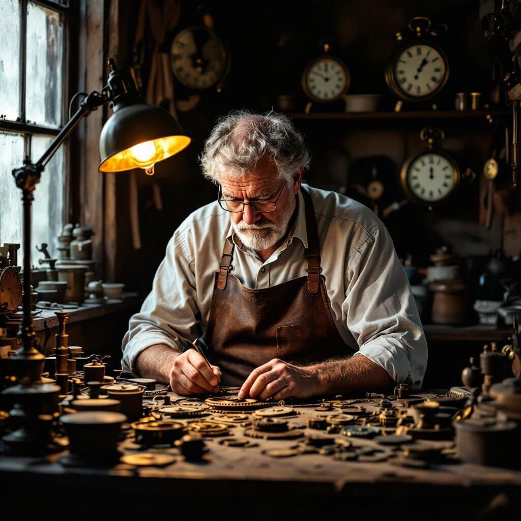 Melancholic Realist Clockmaker in Workshop with Dramatic Lig...