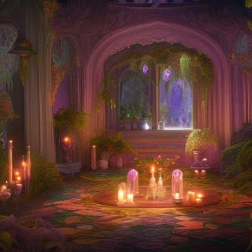 Opal living room with lots of crystals and candles and lots of beautiful plants