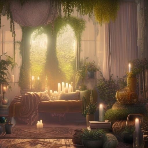 Opal living room with lots of crystals and candles and lots of beautiful plants