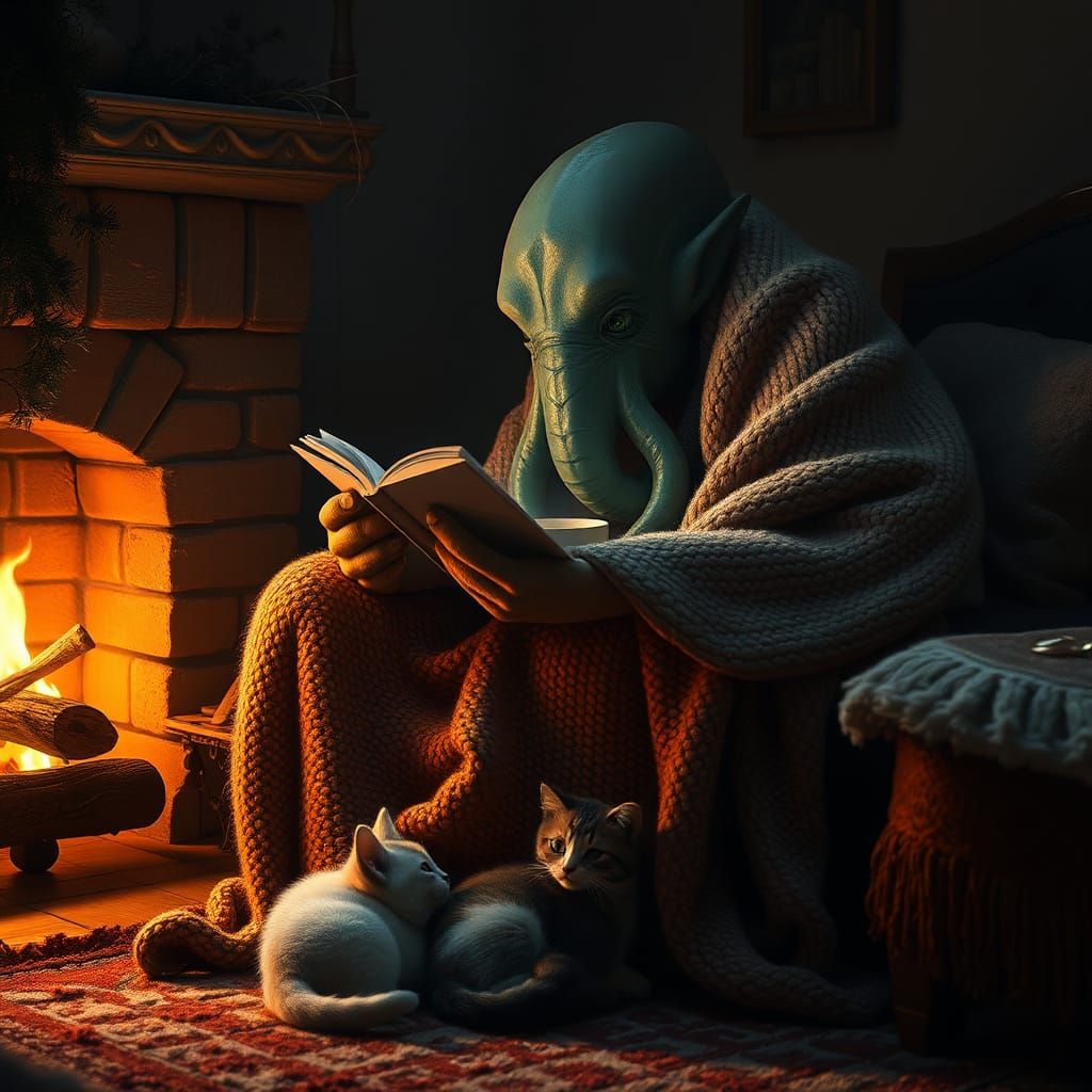 Cthulhu Reading by Fireplace: Cozy Concept Art