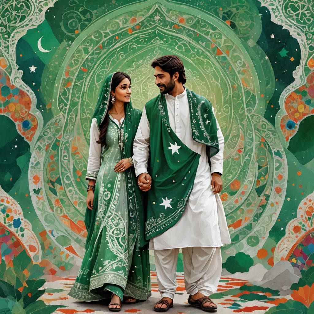 Pakistani Couple Descending in Abstract Digital Painting