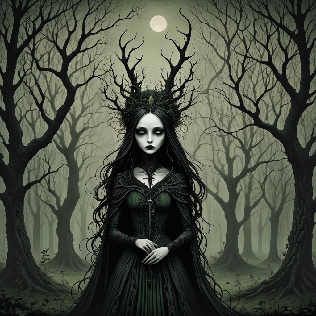 Gothic Pagan Woman: Sinister Dark Whimsical Portrait