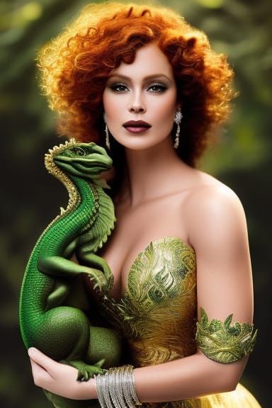 Red-Haired Goddess with Dragon, Hyperrealist Portrait