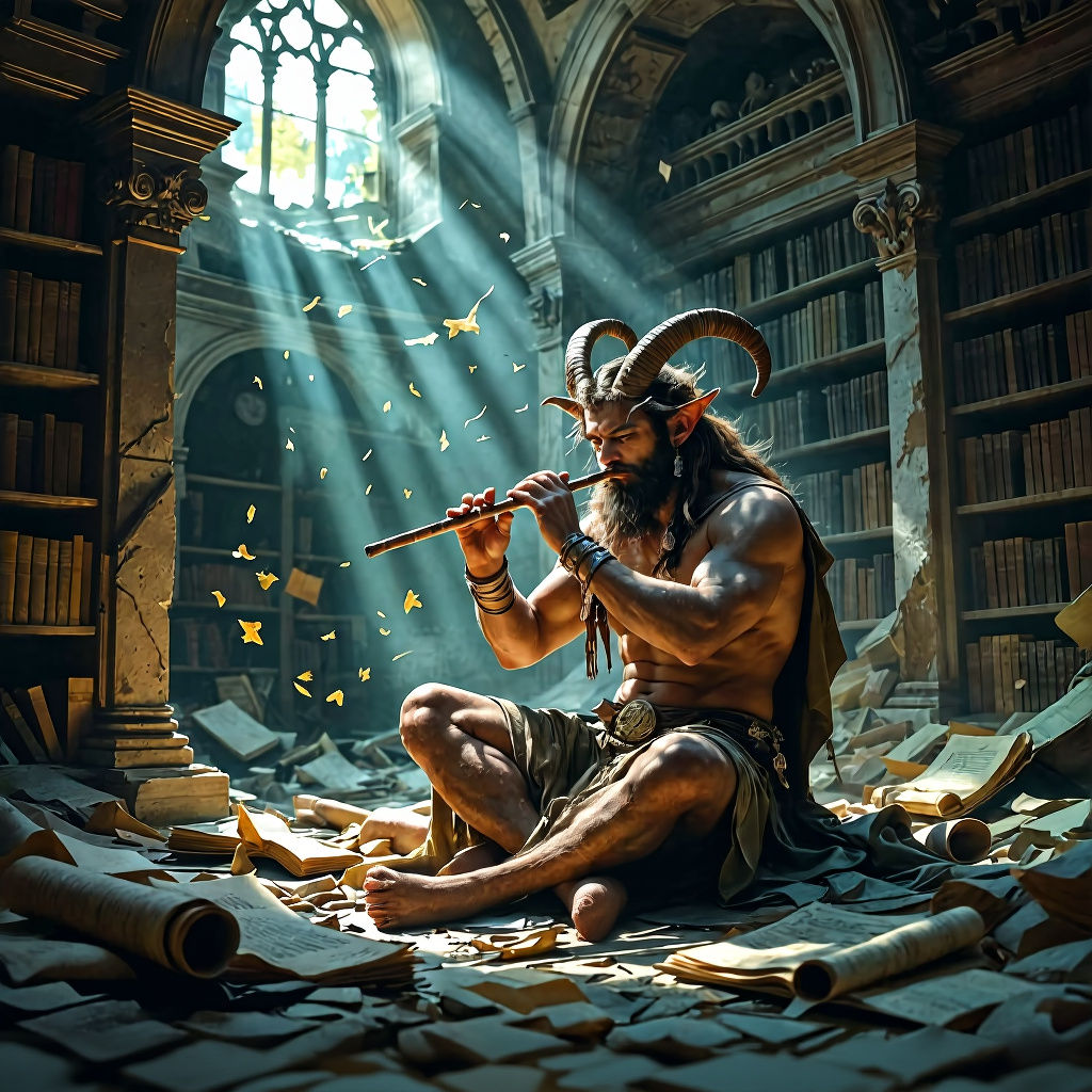 Satyr's Melancholy Song in Ruined Library
