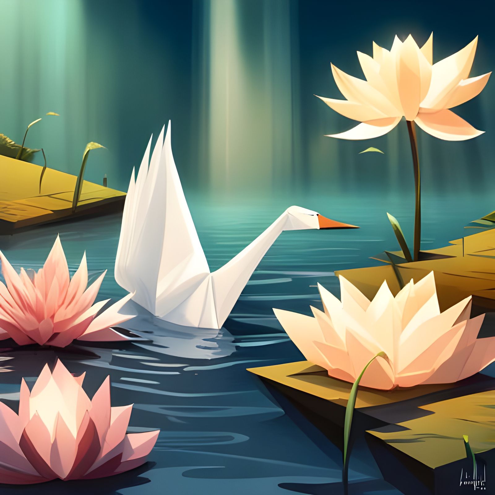 Origami Swan and Lotus Flowers in Zen Garden