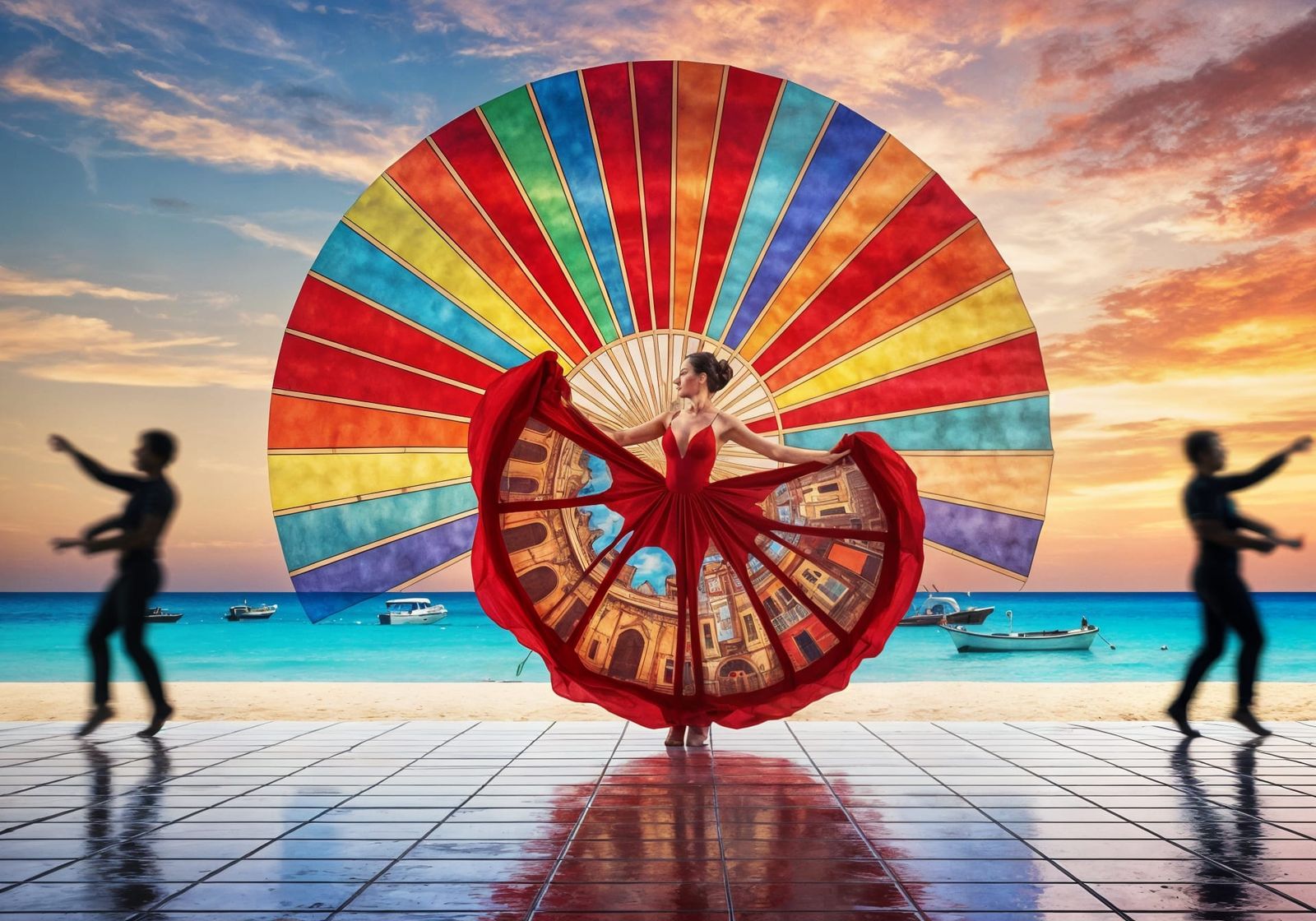 Woman Dancing in Red Dress with Painted Architecture