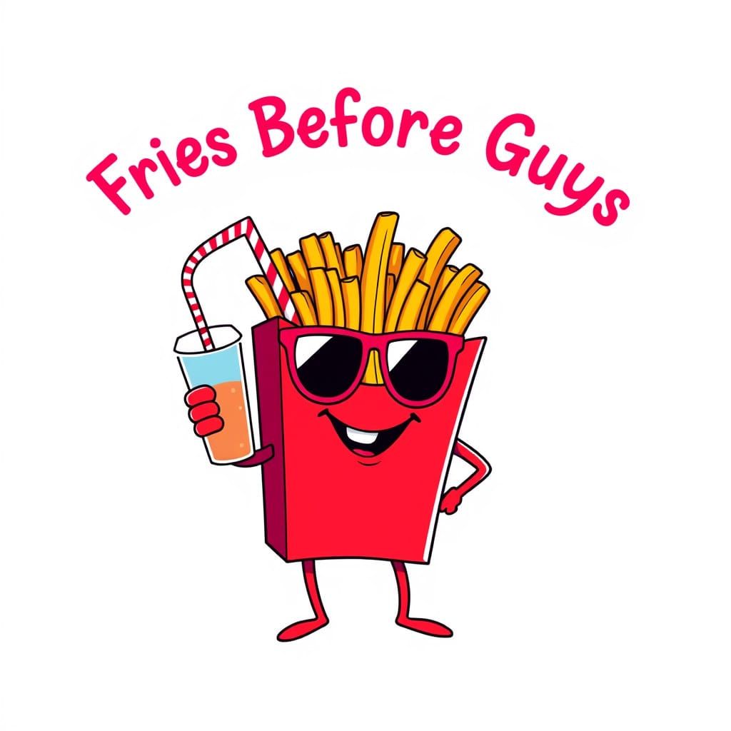 Vibrant French Fry Character in Sunglasses and a Drink, in a...