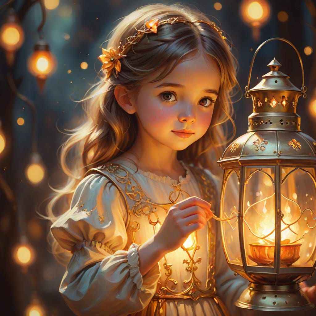 Girl with Giant Lantern in Fantasy Oil Painting