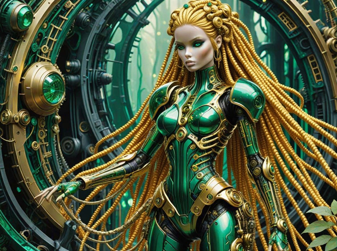 Biopunk Barbie in Green Armor, Alcohol Ink Painting