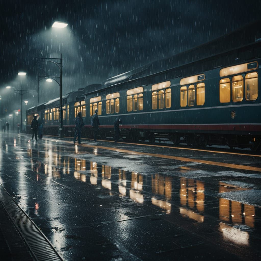 Gloomy Evening Train Station in Film Noir Style