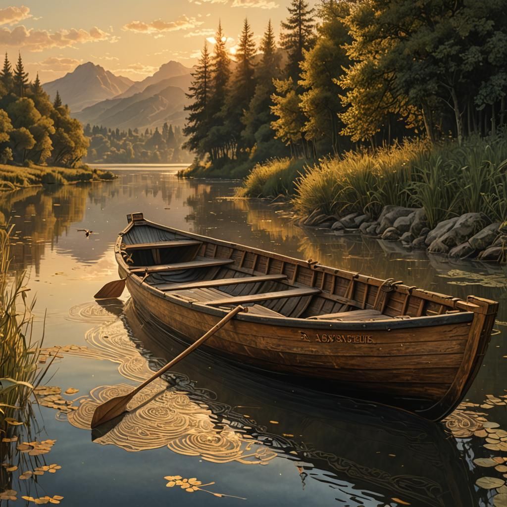 Rowboat on Serene River: Detailed Photorealistic Illustratio...