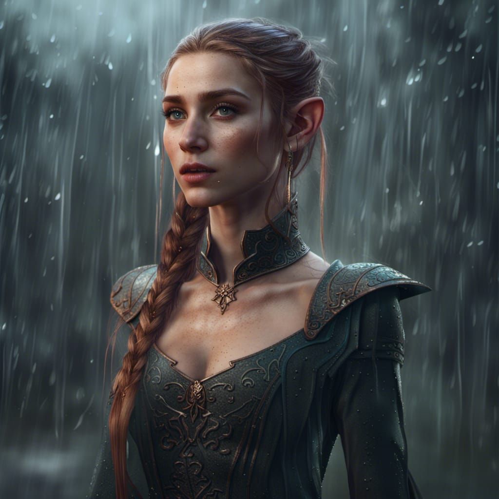 Elegant Elf in Rain: Fantasy Concept Art
