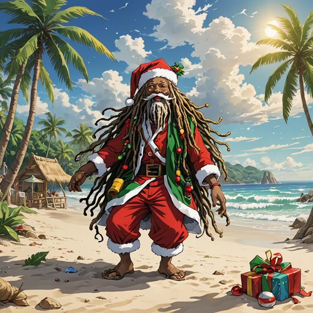 Reggae Santa Claus on a Tropical Beach