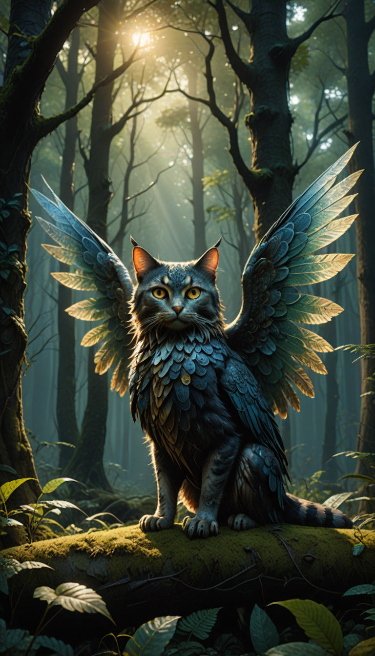 Ethereal Fusion of Feline and Avian Forms in a Mystical Fore...