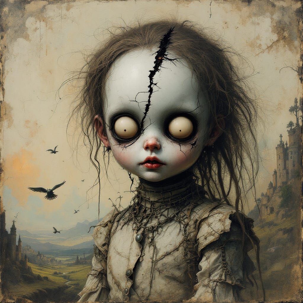 Macabre Porcelain Doll in Expressionist Style