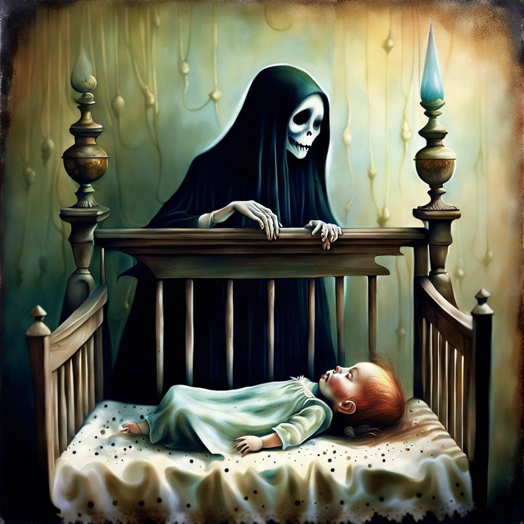 Eerie Vintage Photo of Figures Watching Baby