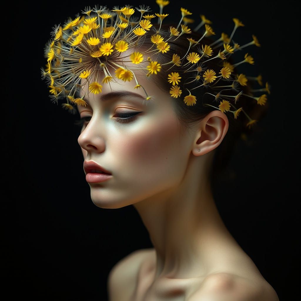 Surreal Woman Blooms with Dandelion Hair in Hyperrealistic S...