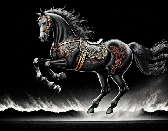 outlines create the shape of galloping horses against a blac...