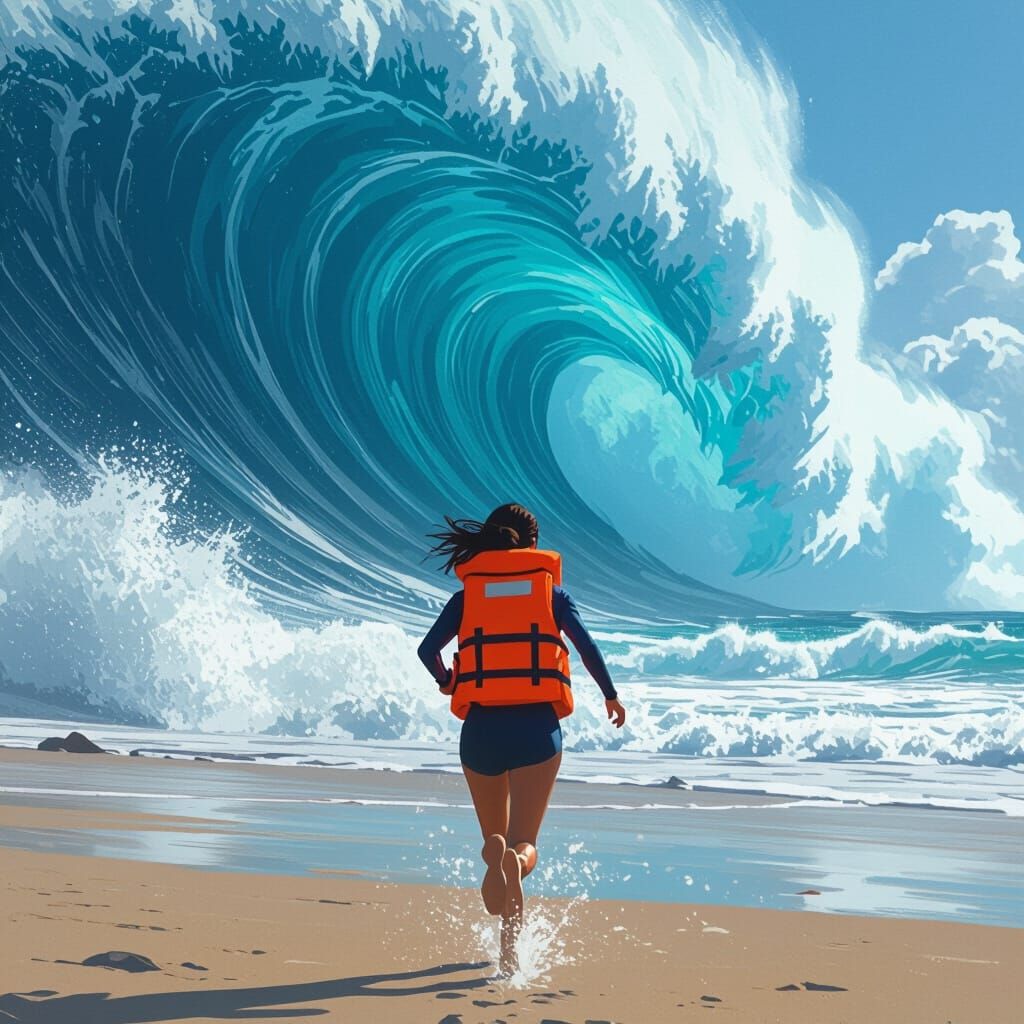 Woman Flees Tsunami on Futuristic Beach