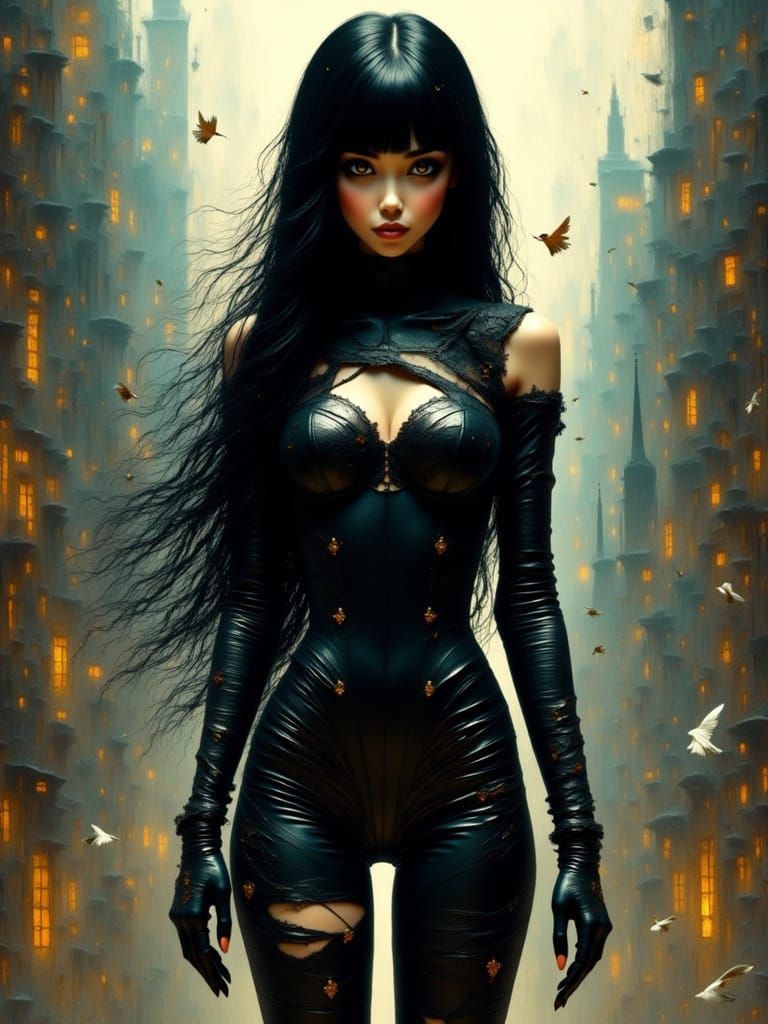 Anime Woman with Black Hair in Dystopian Cityscape