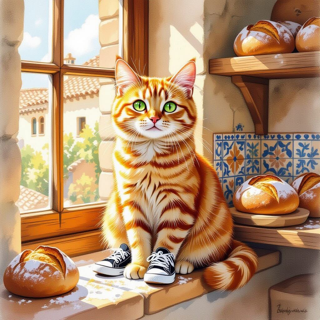 Cat in Sneakers: Whimsical Tunisian Bakery Scene