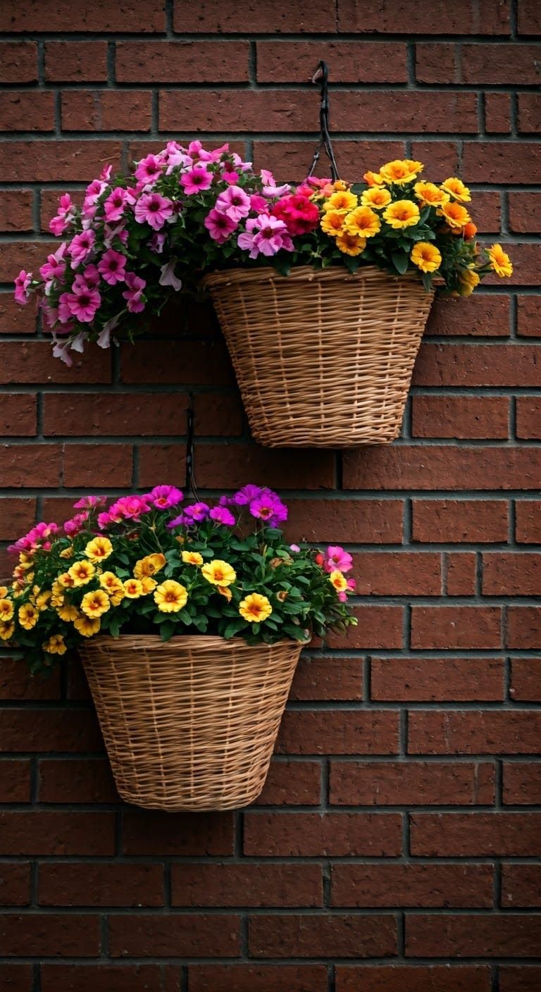 The image shows two hanging baskets on a brick wall. The bas...