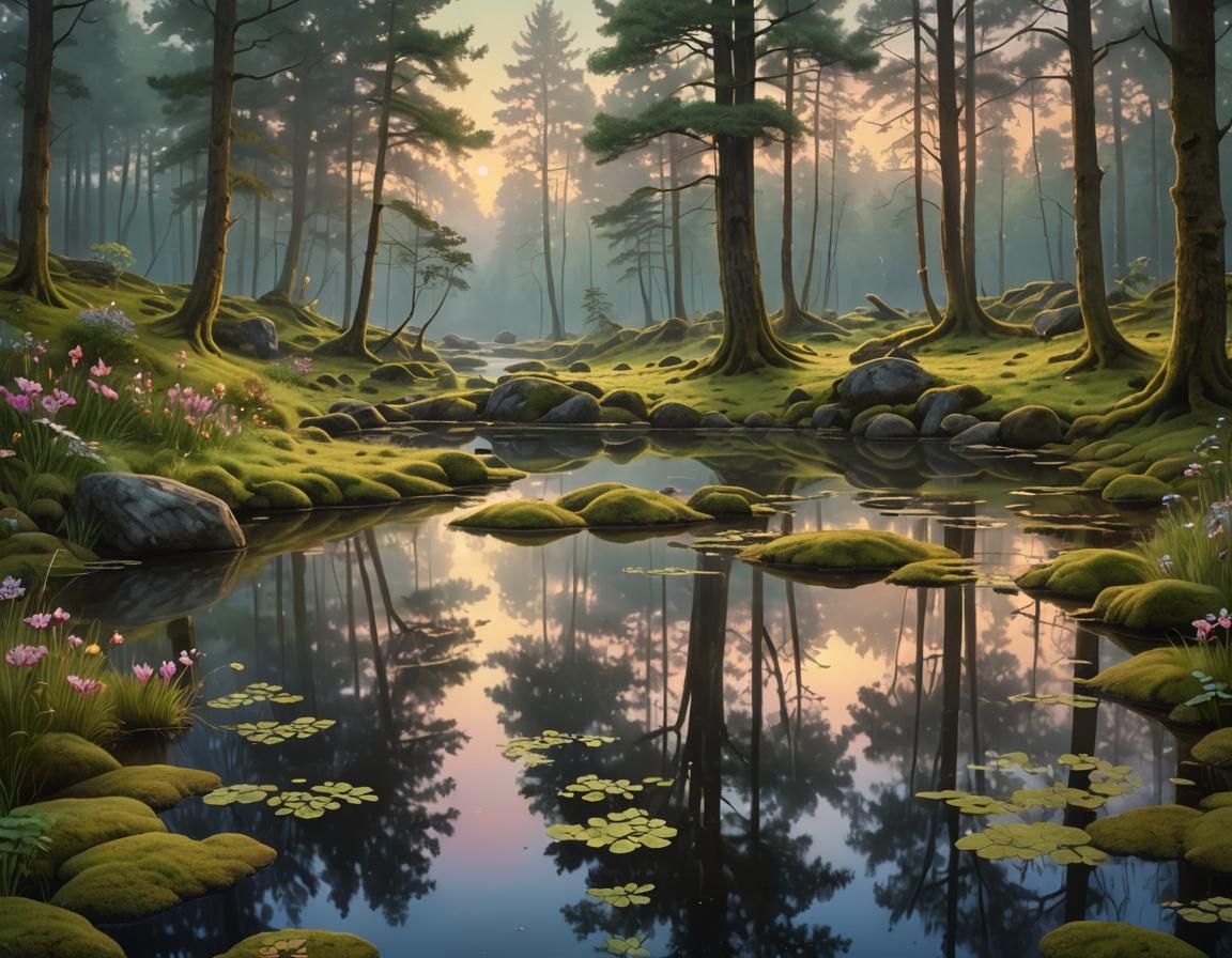 Twilight Forest Glade Reflected as Photorealistic Oil Painti...