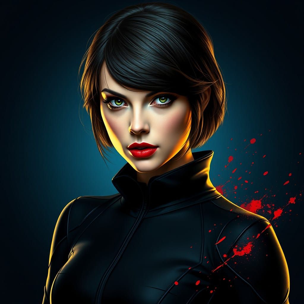 Elegant Black Widow Portrait in Triadic Colors