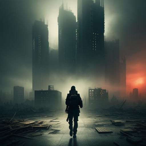 Person Walks Away From Ruined Cityscape