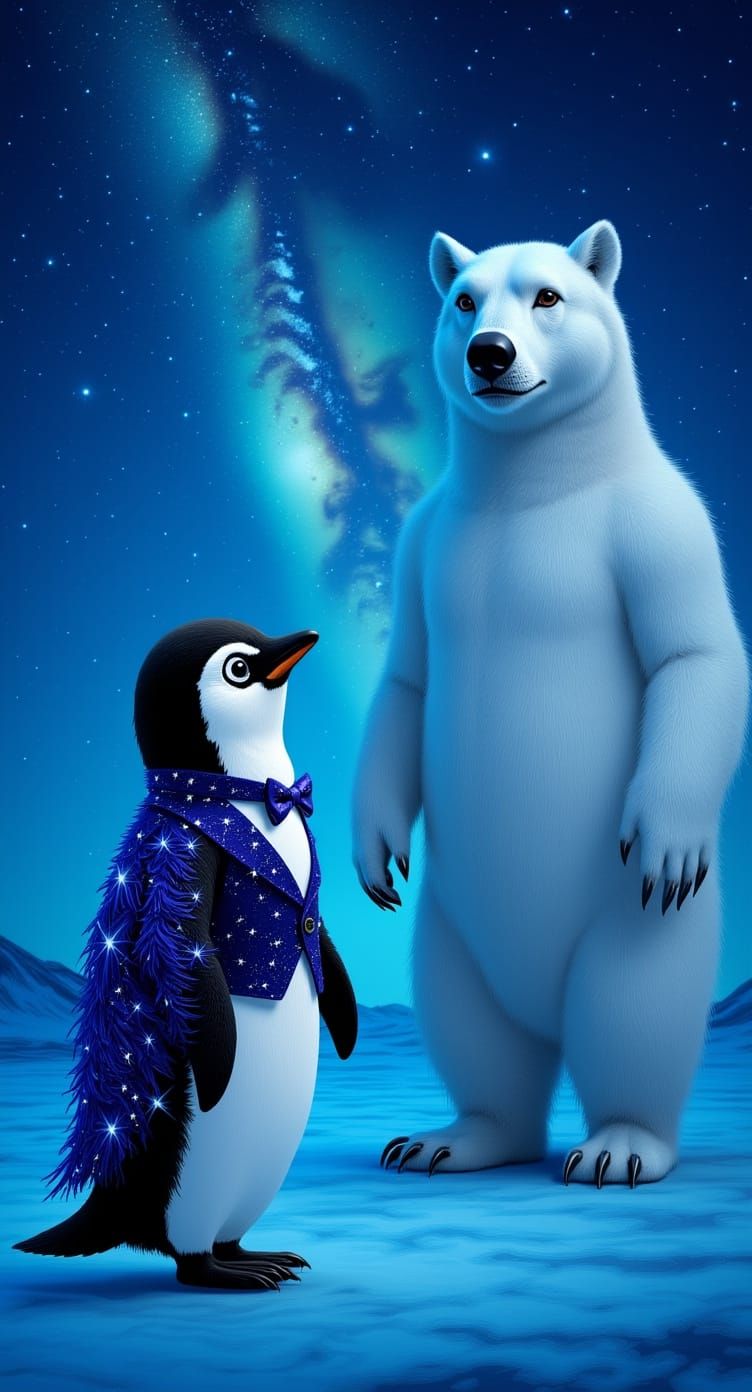 a celestial penguin seeks wisdom from a majestic polar bear ...