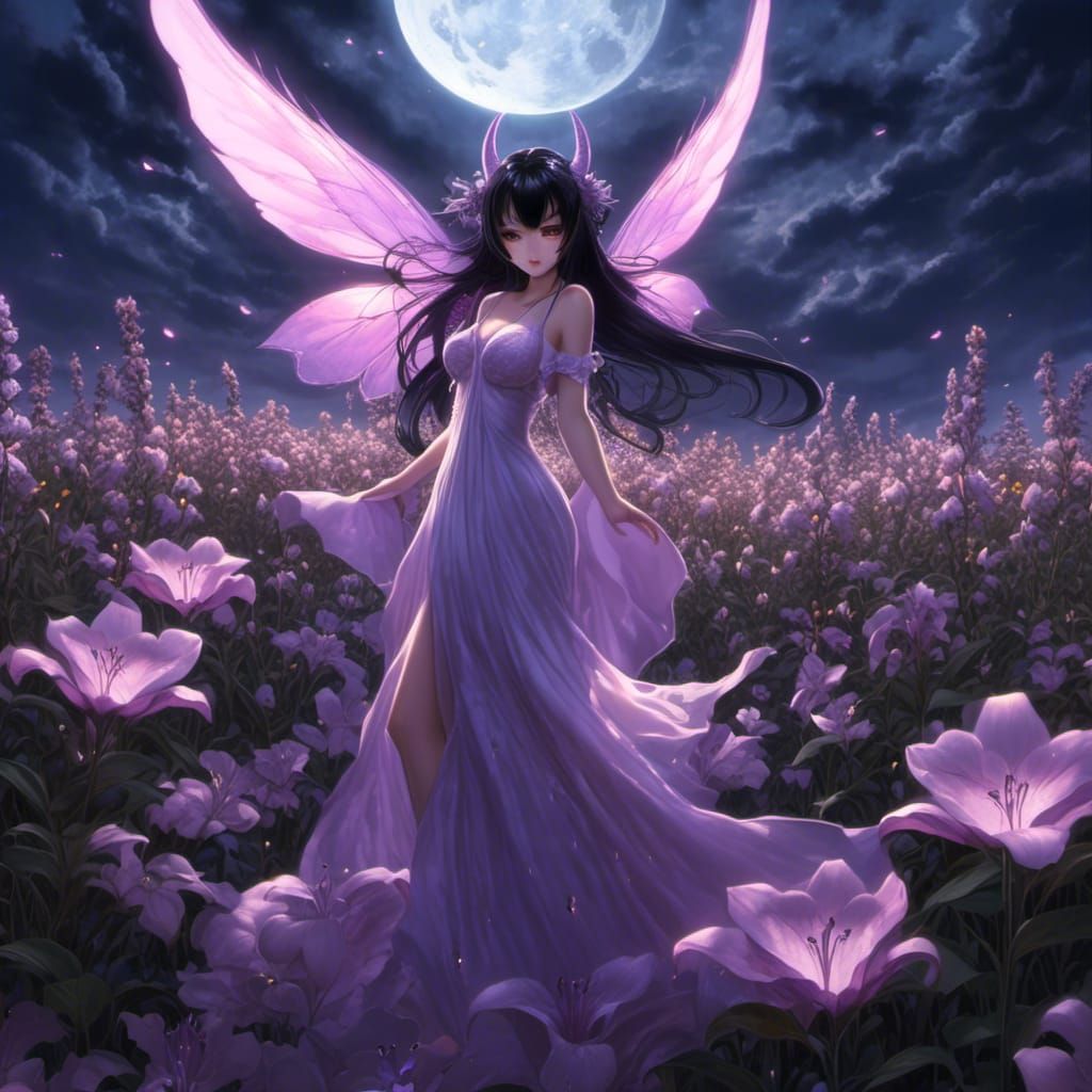 Elegant Demon Girl in Lilac Nightgown, Anime Style